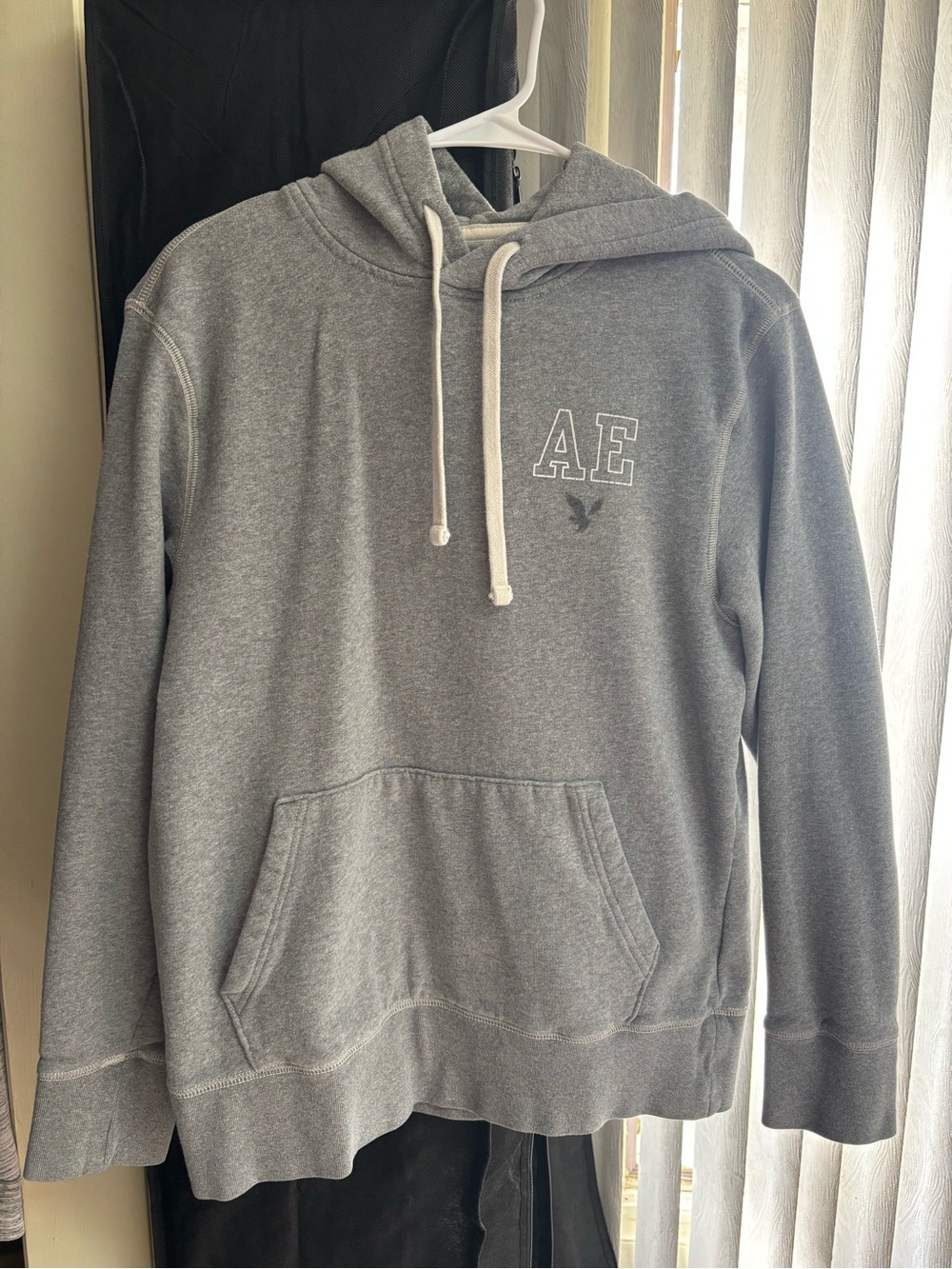 American Eagle Outfitters Gray Pullover Hoodie with AE Chest Logo
